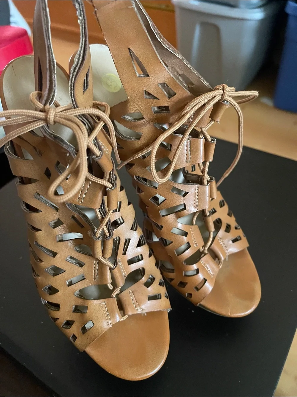 CP Shades Tan Laser-Cut Lace-Up Heeled Sandals